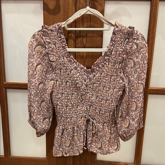 Topshop Tops - Topshop Pink and Brown Puff Sleeve Blouse with Smocked Tie Front​​​​​